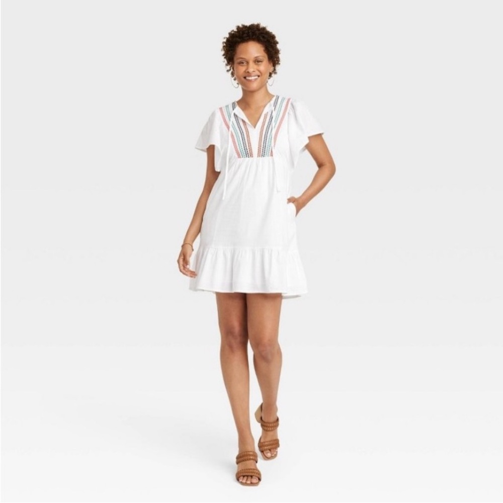 Knox Rose White Mini Tie Neck Cotton Blend Boho Peasant Sun Dress Size Medium - Picture 9 of 10
